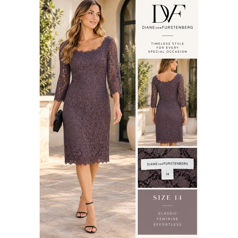 Diane von Furstenberg Zarita Lace Dress Purple Sheath Size 14 D73973D11